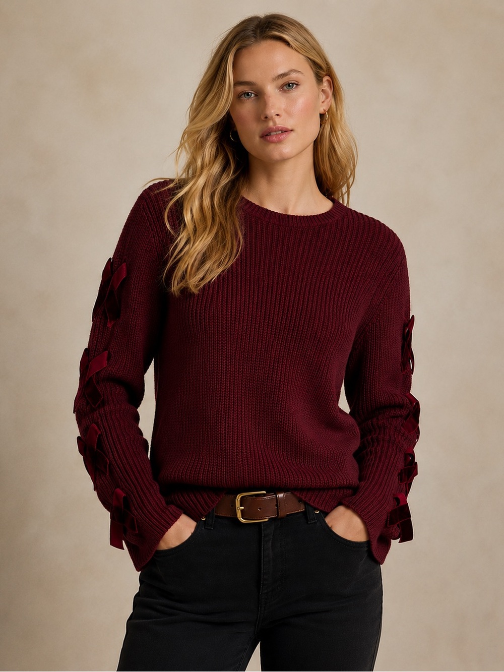 Lauren Ralph Lauren Burgundy Ribbon Sleeve 100% Cotton Knit Sweater Size Large